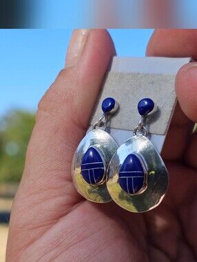 Vintage 925 Southwestern Lapis Lazuli Inlay Teardrop Dangle Earrings